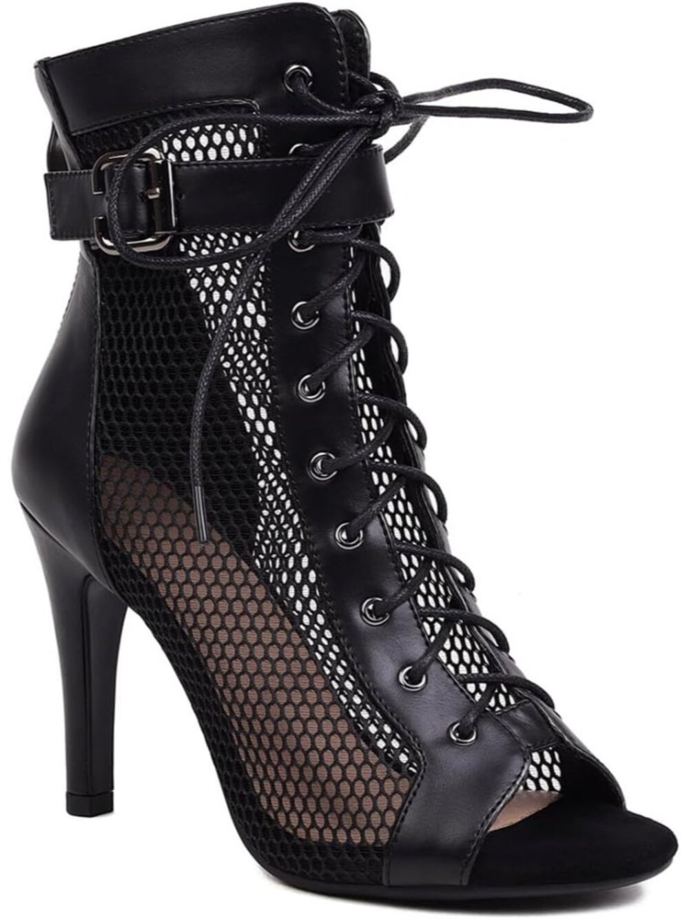Women's Black Buckle Strap Peep Toe High Top Lace Up Solid Mesh Pump Sandal Boot